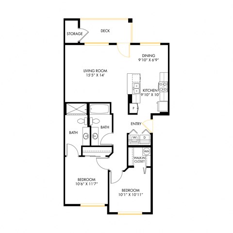 A floor plan of 2x2 A with a living room, dining room, kitchen, two bathrooms, and two bedrooms.